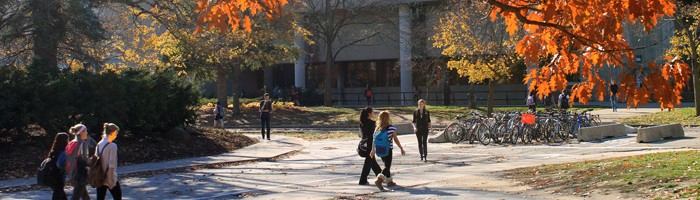 students walking outside on a fall day banner