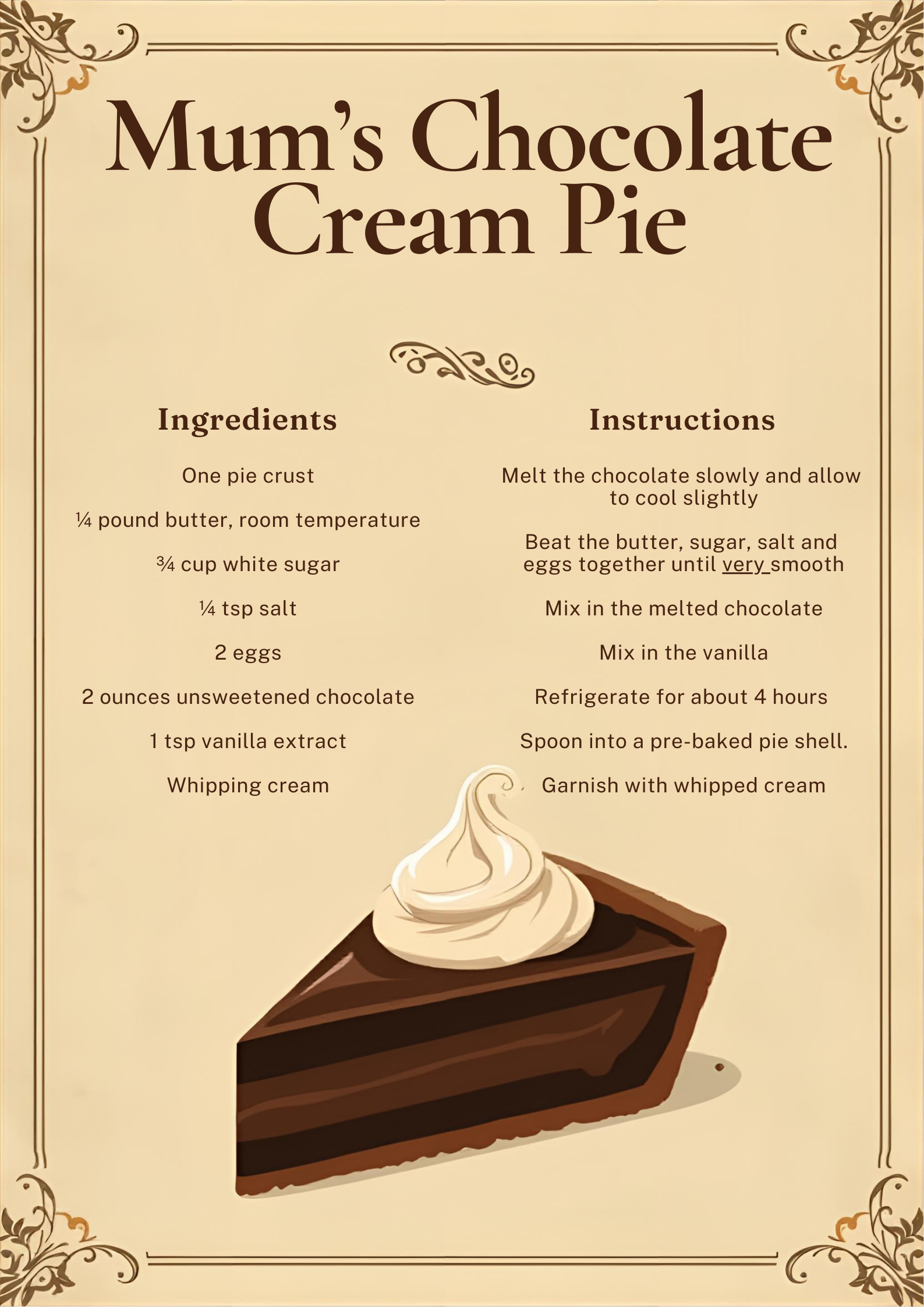Elegant Chocolate Cream Pie Recipe Poster