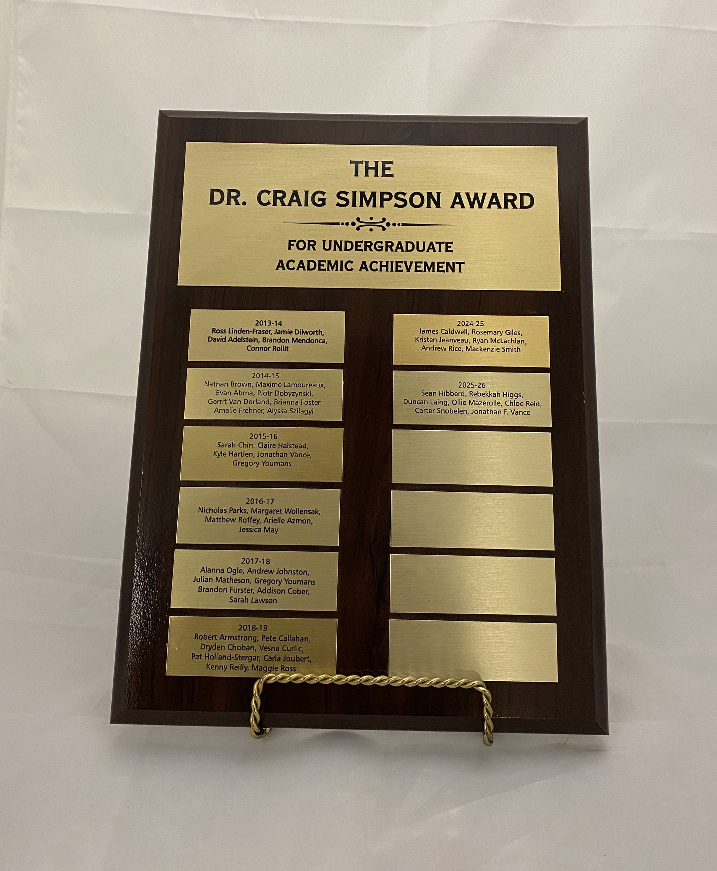 The Dr. Craig Simpson Award Plaque